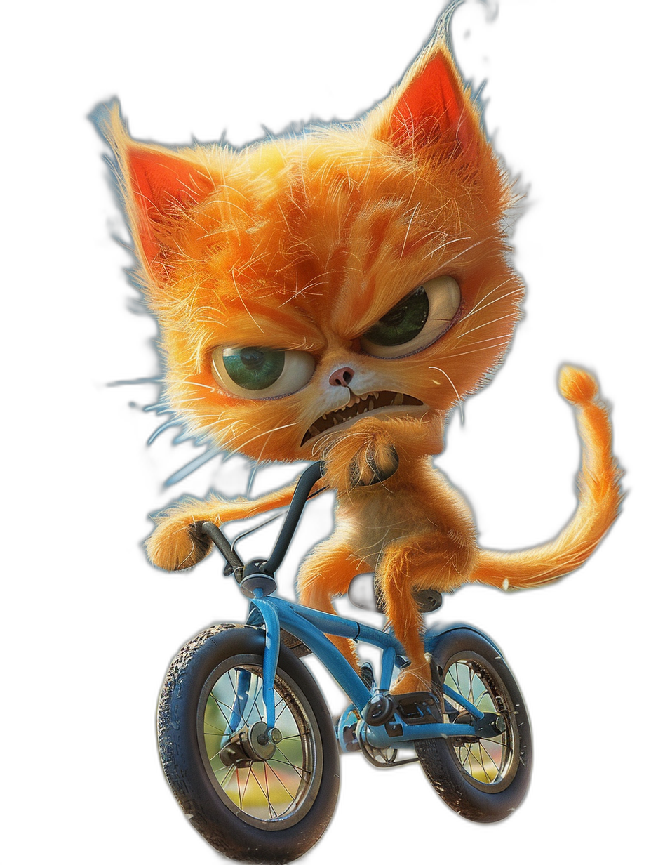 angry, cute cat on bmx in the style of Pixar cartoon style with black background