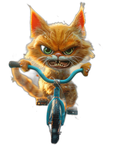 front view of Pixar style, angry ginger cat riding blue bike with green eyes on black background in the style of Pixar.