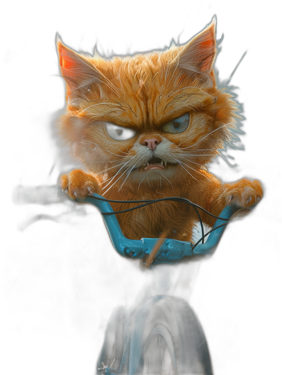 realistic orange cat riding a blue bike, an angry face, black background, photo realistic, cinematic in the style of photo realistic