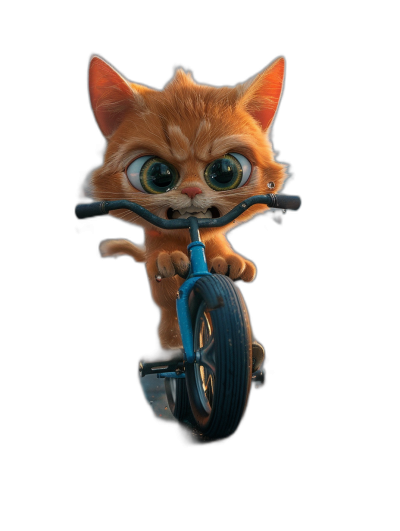 Cute orange cat riding a blue bike, with big eyes, on a black background, in the cartoon style, in the style of Disney Pixar animation, with a cute and funny expression, rendered in 3D, shown in a full body shot, with a centered composition, from a low angle view, with high resolution, high details, and high quality.