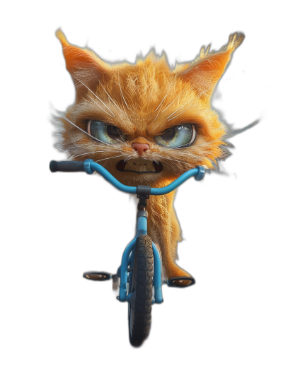 realistic orange cat with blue eyes, riding on the front of a bicycle with an angry face, against an isolated black background, 3d render in the style of Pixar