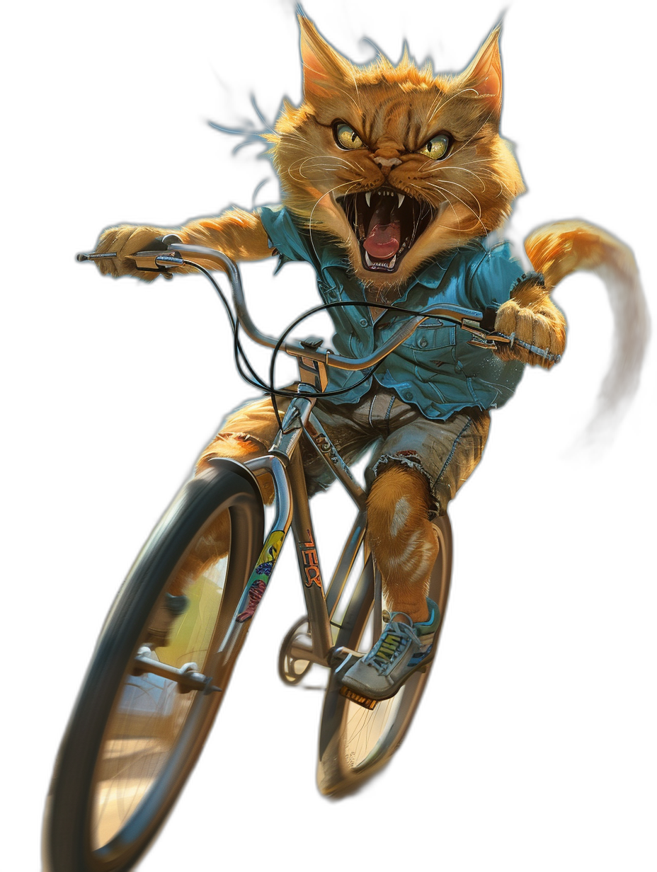 angry cat in blue shirt and shorts riding bicycle, detailed background, fantasy art style, high resolution digital artwork on black background, illustration, airbrush art style, watercolor, very vivid colors, perfect color grading , highly realistic, cinematic lighting, very natural features, depth of field, ultra wide angle. photo-realistic rendering