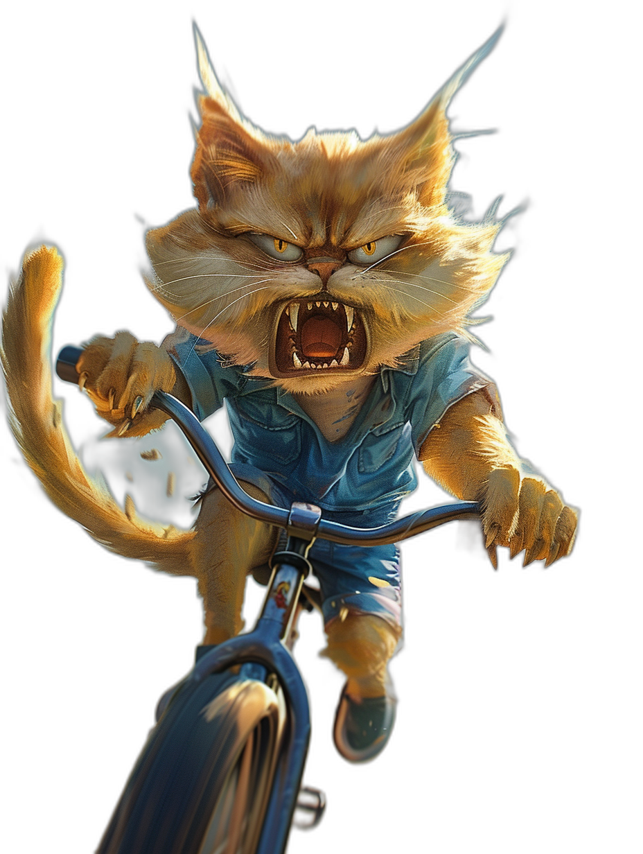 A very angry cat riding a bicycle, wearing a blue shirt and shorts, front view, black background, in the style of fantasy art, digital painting, high resolution