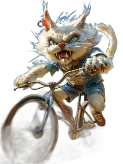 full body portrait of an angry cat riding on a bicycle, white fur with orange ears and a red tail, blue shorts and sneakers, dynamic pose, dark background, fantasy art style, digital painting, cinematic light, high contrast, high resolution, detailed illustration, in the style of [Greg Rutkowski](https://goo.gl/search?artist%20Greg%20Rutkowski)