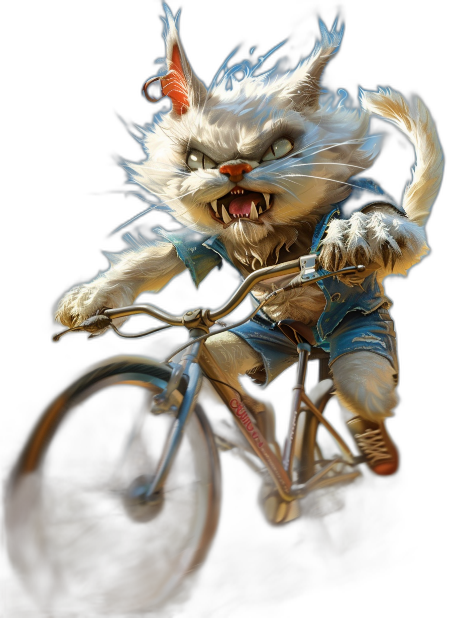 full body portrait of an angry cat riding on a bicycle, white fur with orange ears and a red tail, blue shorts and sneakers, dynamic pose, dark background, fantasy art style, digital painting, cinematic light, high contrast, high resolution, detailed illustration, in the style of [Greg Rutkowski](https://goo.gl/search?artist%20Greg%20Rutkowski)