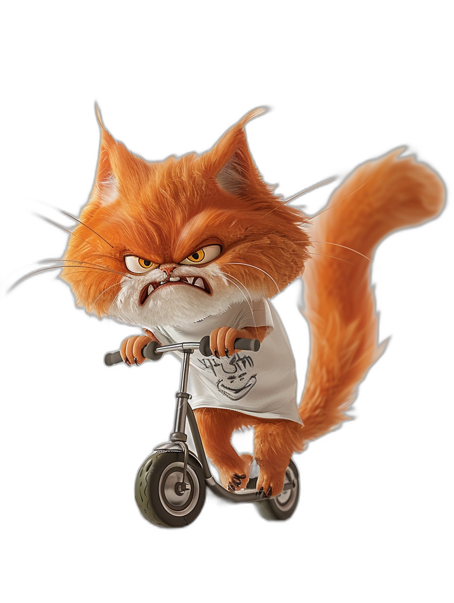 grumpy orange cat with an angry face, wearing a white t-shirt with “fuuny” logo on it and riding a scooter, full body, black background, in the style of Pixar cartoon character, high quality render, high resolution