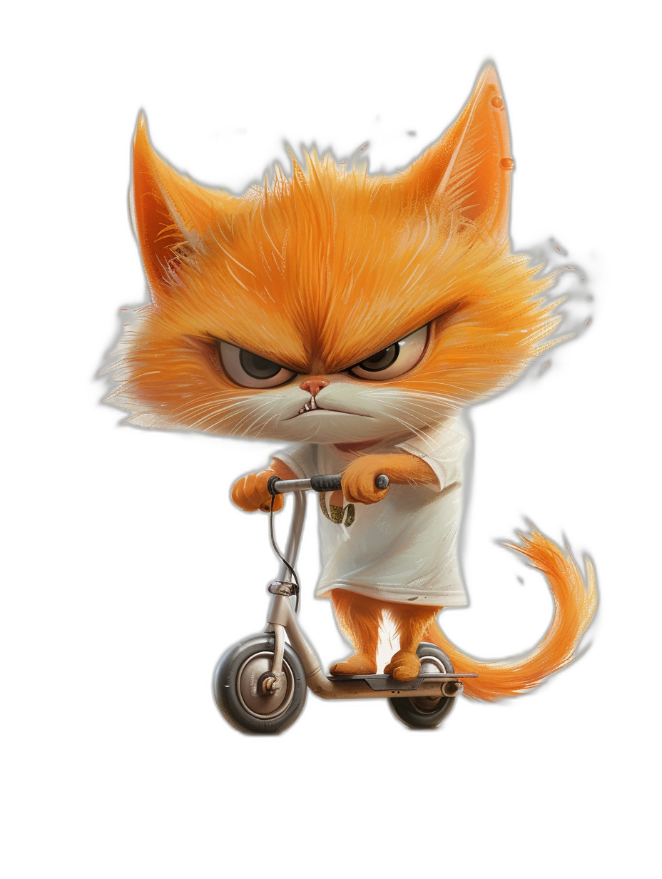 grumpy orange cat cartoon character wearing a white t-shirt, riding a scooter with angry eyes in the style of Pixar art, on a black background, high quality render.