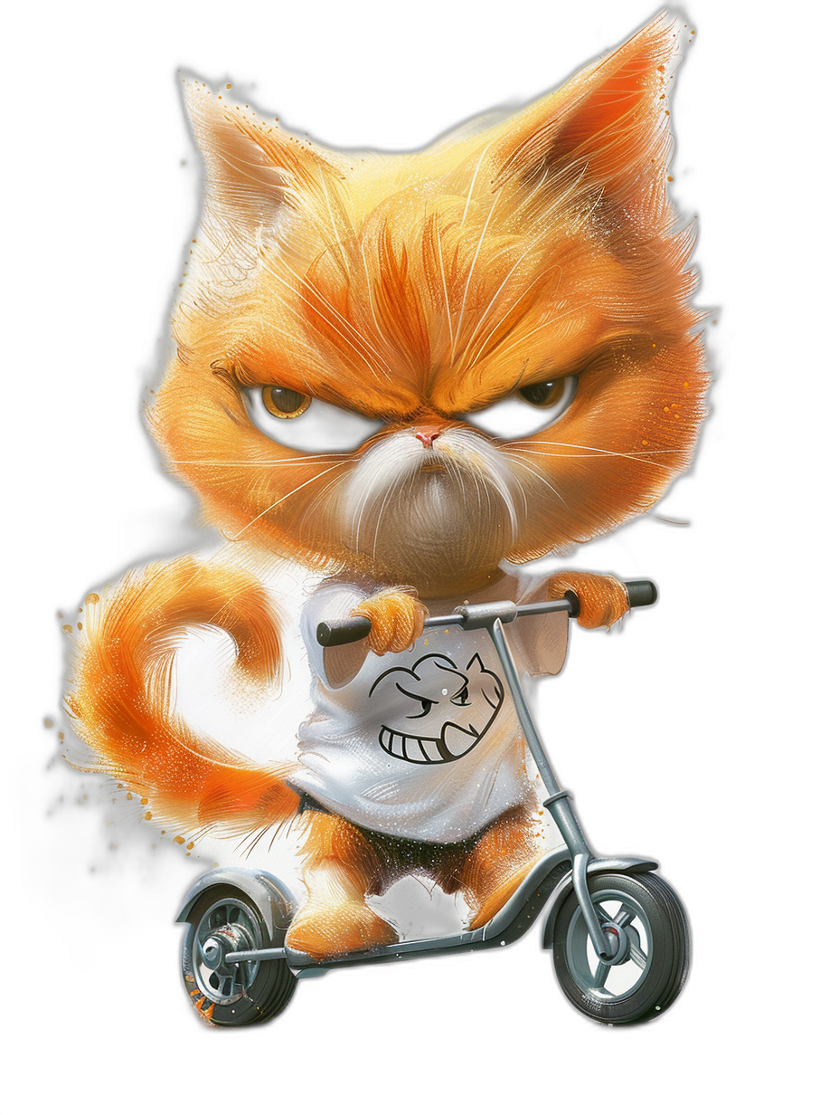 realistic cute orange cat, angry face , riding scooter wearing white tshirt with cartoon smiley on it , black background , full body shot