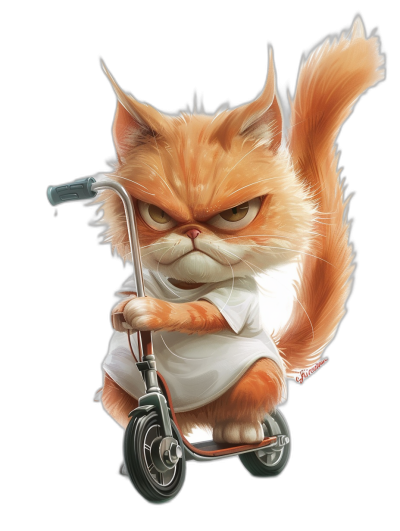 grumpy orange cat wearing a white t-shirt riding a scooter, caricature cartoon style clipart illustration isolated on a black background, high detail, color grading, in the style of hyperrealism