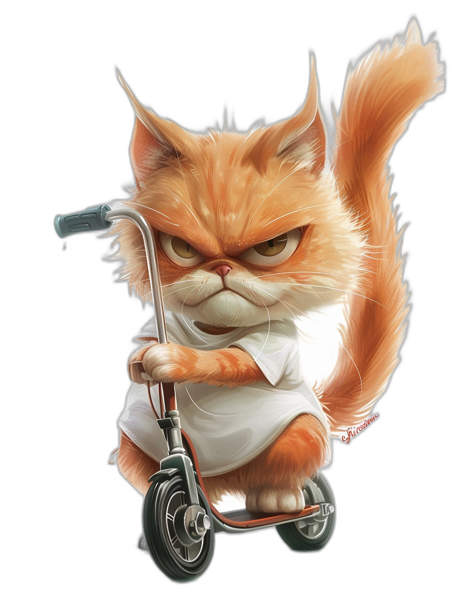 grumpy orange cat wearing a white t-shirt riding a scooter, caricature cartoon style clipart illustration isolated on a black background, high detail, color grading, in the style of hyperrealism