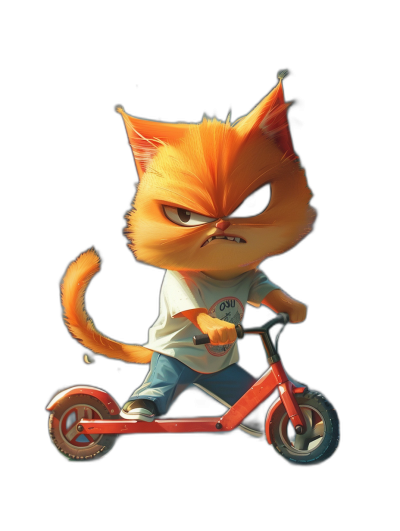 A cute orange cat, wearing a white T-shirt and blue jeans with black eyes, an angry expression riding on a red scooter against a black background, in the style of [Raina Telgemeier](https://goo.gl/search?artist%20Raina%20Telgemeier), a high quality photo with clean light and shadow, in a Pixar cartoon style.