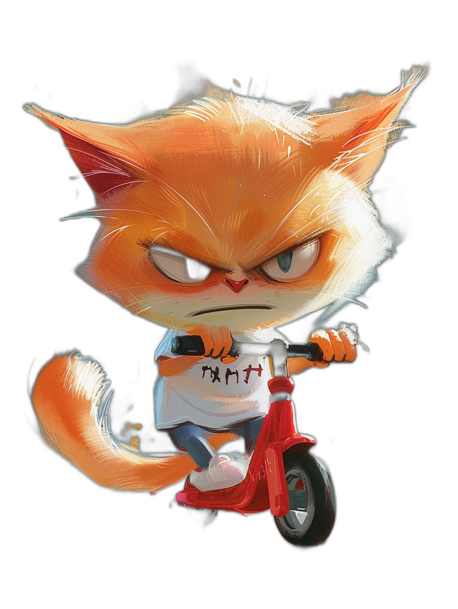 A cute orange cat with an angry expression, wearing a white T-shirt and jeans on its body is riding a red scooter in the air, in the cartoon style, on a black background, in a front view, in a close-up shot, concept art in the style of Pixar studio, c4d rendering, soft light, full of details, high resolution.