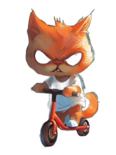 cute illustration of an angry orange cat riding a scooter, black background, in the style of [Tiago Hoisel](https://goo.gl/search?artist%20Tiago%20Hoisel) and [Atey Ghailan](https://goo.gl/search?artist%20Atey%20Ghailan)