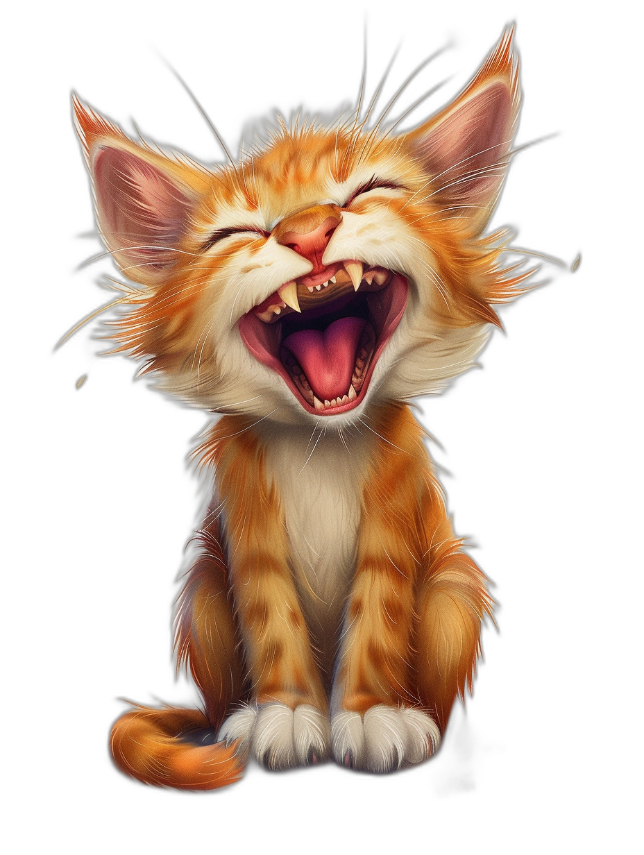 realistic digital fantasy illustration of an adorable smiling and laughing orange cat, isolated in black background, in the style of Pixar