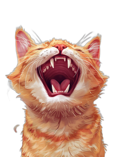 realistic digital illustration of an orange cat laughing, its mouth open with teeth visible, against a black background, in high definition