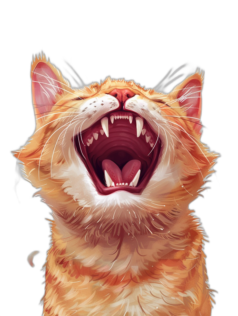 realistic digital illustration of an orange cat laughing, its mouth open with teeth visible, against a black background, in high definition