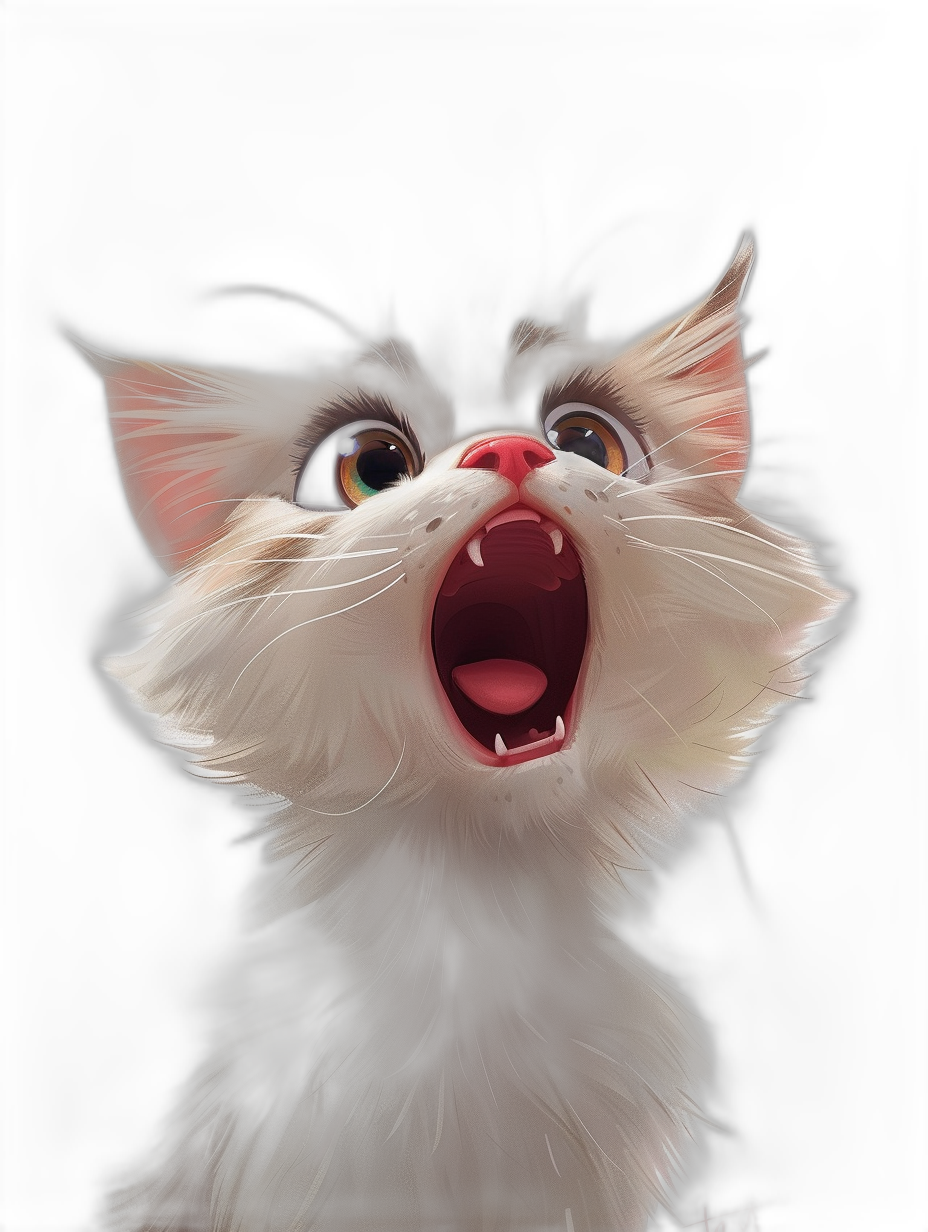 A cute cat with its mouth open, in the style of Disney Pixar, on a black background, hyper realistic.