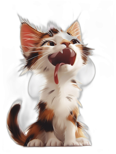 digital art of a cute and happy calico cat with its mouth open and tongue out against a black background in the style of a cartoon, fantasy digital painting done in a high quality style