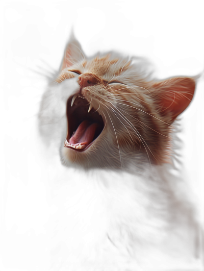 A cute cat yawns, cute expression, pure black background, close-up of the mouth and teeth, glowing effect, octane rendering, bright colors, super details, hyper-realistic, photo realistic style