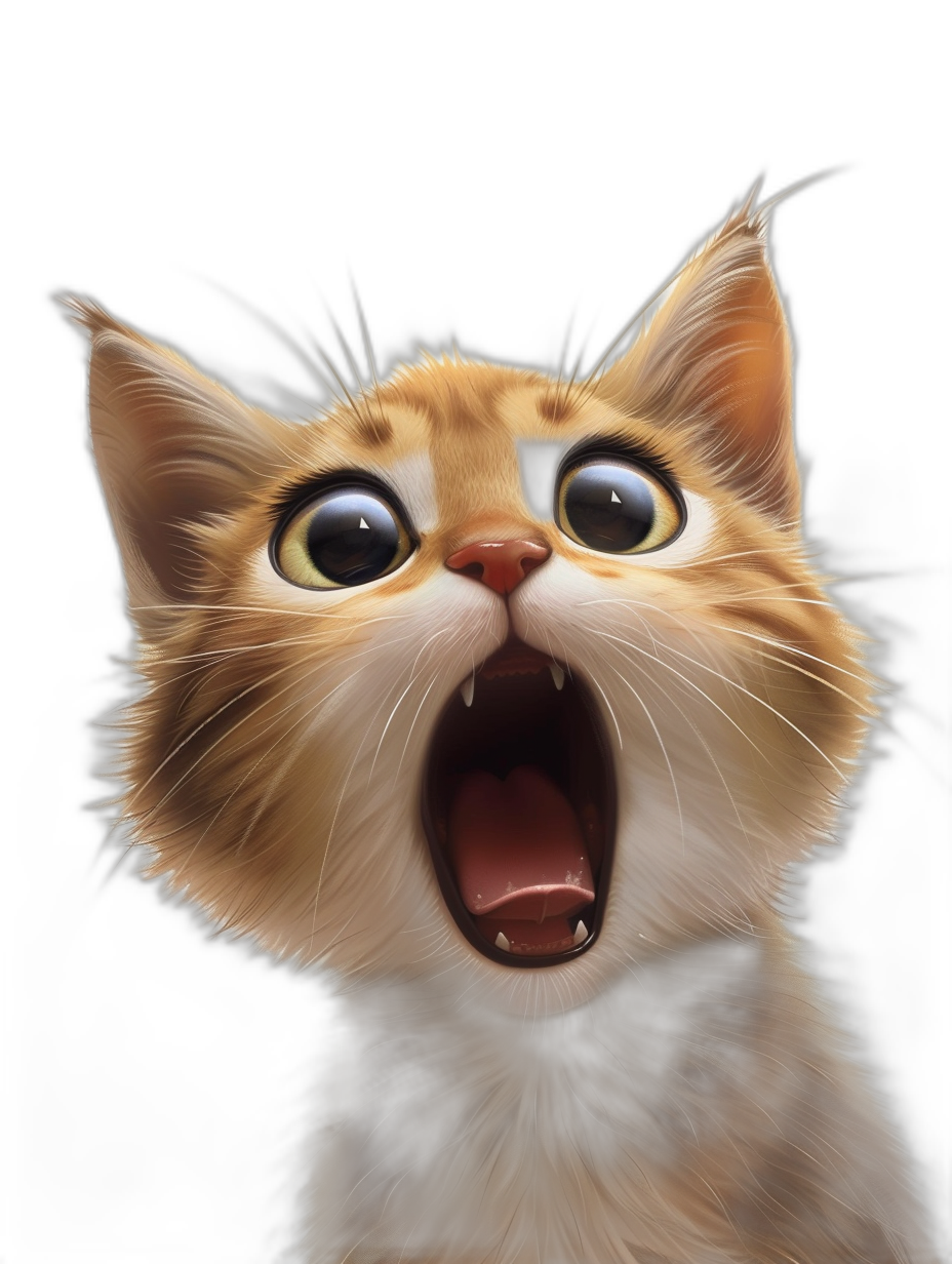 digital art of cute kitten , very happy and excited, open mouth wide with teeth visible, black background, romanticism