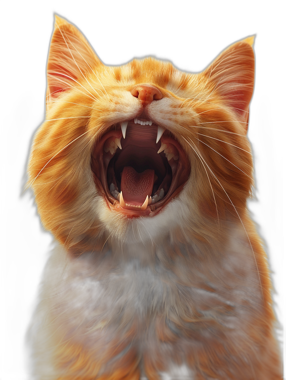 ginger cat with open mouth showing teeth, photorealistic, black background, hyper realistic,