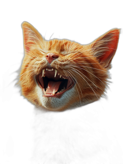 ginger cat laughing, mouth open showing teeth, solid black background, hyper realistic photography