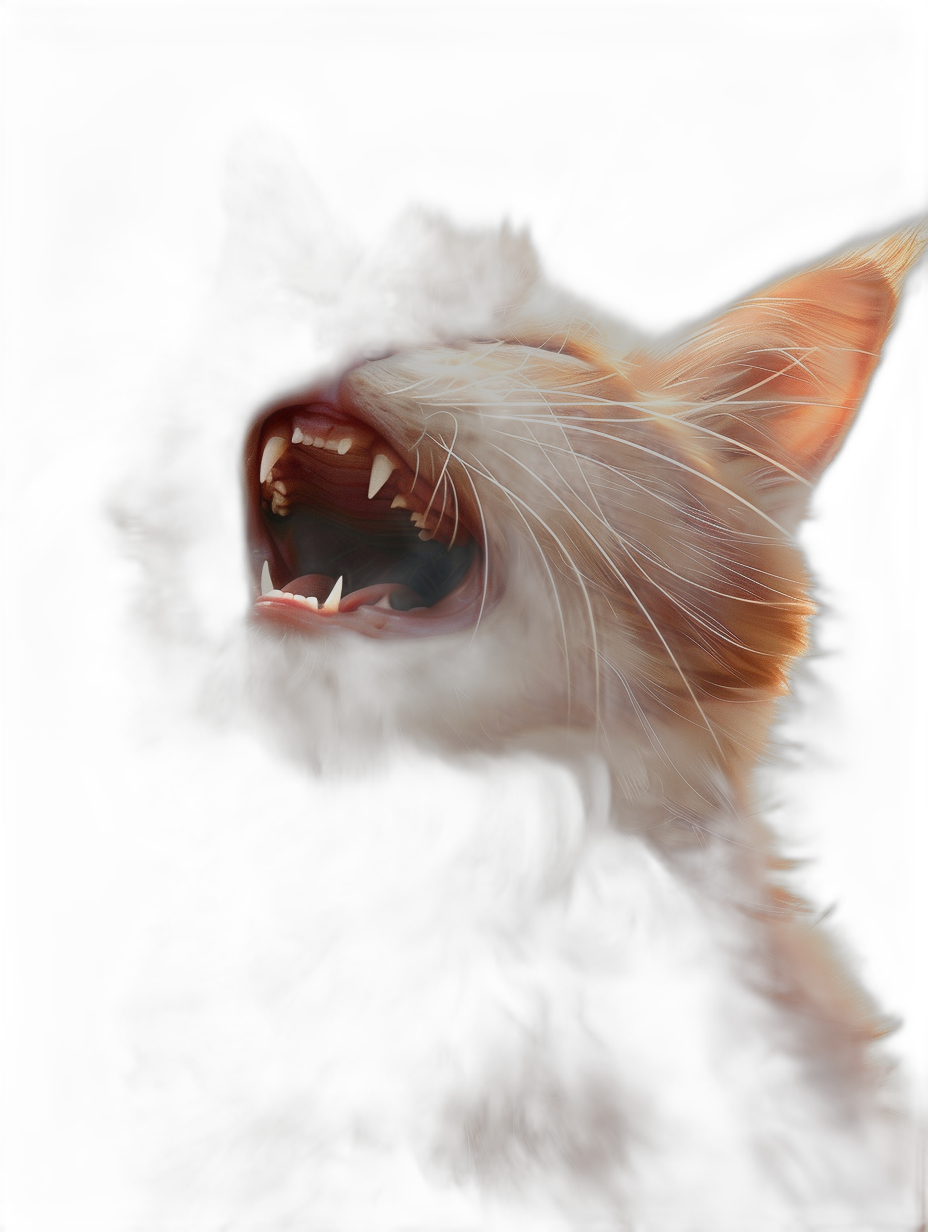 A digital painting of an orange cat barking with its teeth showing, on a black background, in the hyper realistic style.