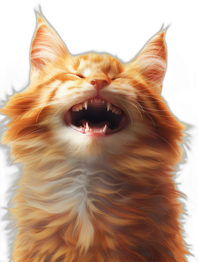 a red mainecoon cat with an open mouth, sharp teeth, cute and happy, digital art style, black background, hyper detailed