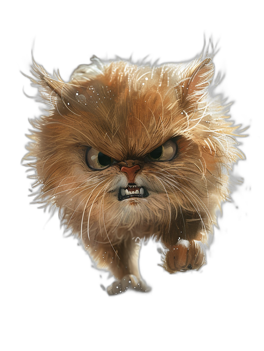 a persian cat with an angry expression, running towards the viewer, black background, illustration by [Tim Burton](https://goo.gl/search?artist%20Tim%20Burton) on pixar characters, full body, high contrast, high resolution, high detail, cinematic