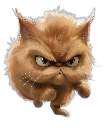 angry, cute brown persian cat cartoon caricature style character design in the style of Pixar and Disney on black background, rendered with Octane render