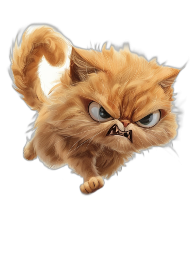 funny angry persian cat flying in the air, vector art in the style of [Artgerm](https://goo.gl/search?artist%20Artgerm) and [Skottie Young](https://goo.gl/search?artist%20Skottie%20Young), black background, pixar animation style, high resolution, hyperdetailed