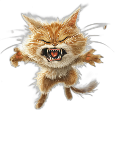 realistic cartoon caricature of an angry ginger cat jumping in the air, with sharp teeth showing on a black background, in a full body shot.