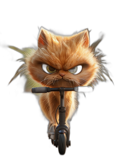 front view of an angry orange cat on e-scooter, black background, 3d render, octane rendering, high resolution photography, hyper realistic, hyper detailed