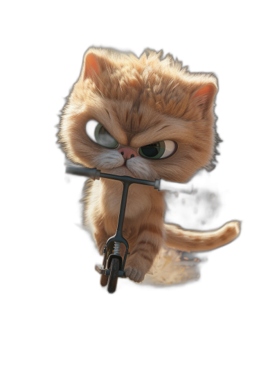 front view of an angry ginger cat riding on the front end of a black electric scooter, in the cartoon style, black background, 3D render, Pixar studio quality