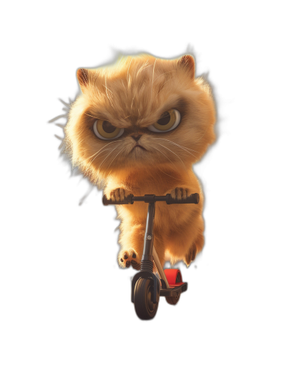 A cute persian cat riding an electric scooter in the style of Pixar, cartoon style with a black background, shown from the front in a full body shot, with exaggerated facial features and a playful yet mischievous expression, rendered in 3D animation as if in a movie.