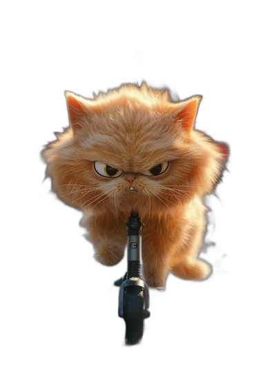 a persian cat with an angry face riding on the scooter, pixar style, black background, cartoon character, full body shot, cute and funny