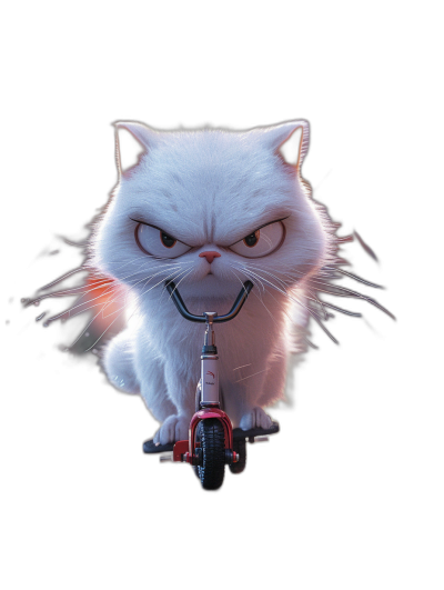 grumpy white cat riding scooter, angry facial expression, in the style of Pixar, black background, high resolution, hyper realistic