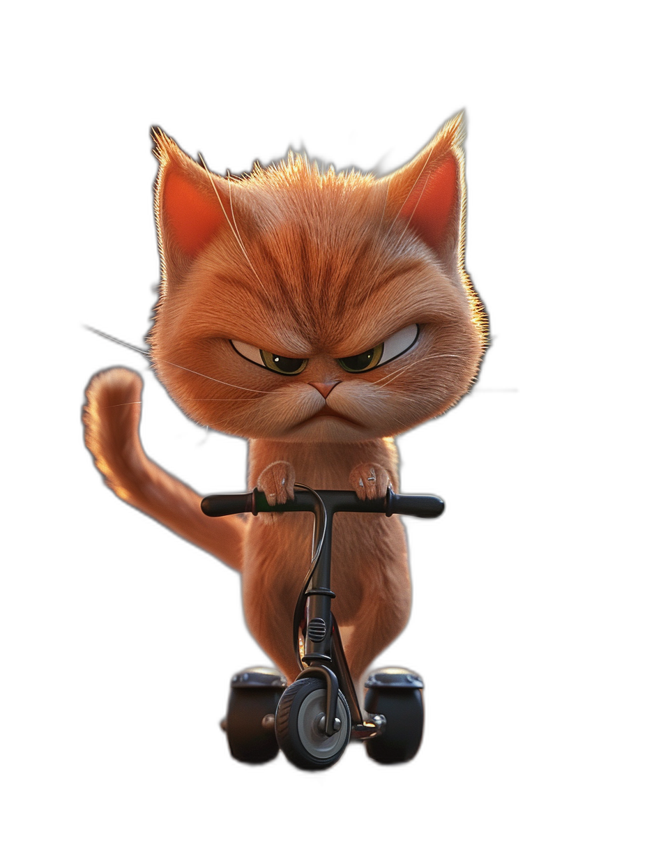 3D render of an angry ginger cat riding an electric scooter, in the style of cartoon, black background, cute character design, in the style of Pixar inspired rendering style, high resolution