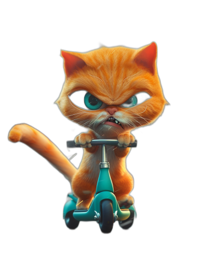 Cute cartoon orange cat riding a scooter, with blue eyes and an angry expression, on a black background, with a simple design, rendered in 3D, in the style of Pixar animation, with high definition details.