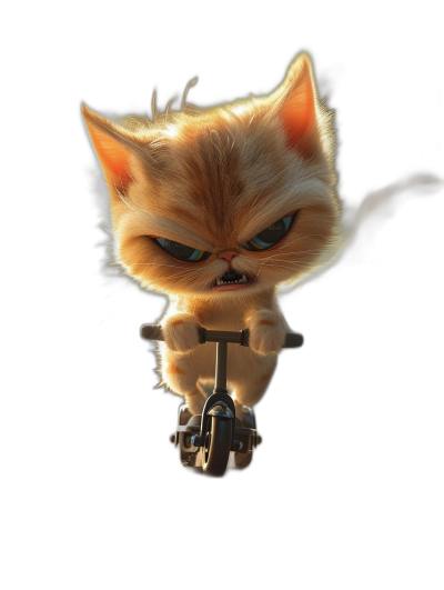 grumpy cute kitten character riding scooter, angry expression, in the style of Pixar, black background, rendered in Octane, highly detailed and intricate photography, cinematic lighting