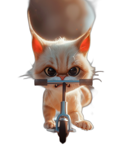 Cute cat riding scooter, 3D rendering, black background, cute cartoon design, surrealism, studio lighting, close-up, front view, high resolution, super detailed, high quality in the style of studio lighting.