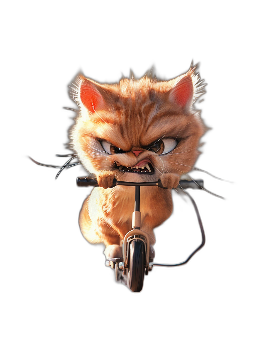 angry cute orange cat riding scooter on a black background, in the style of Pixar studio, with high resolution and high details