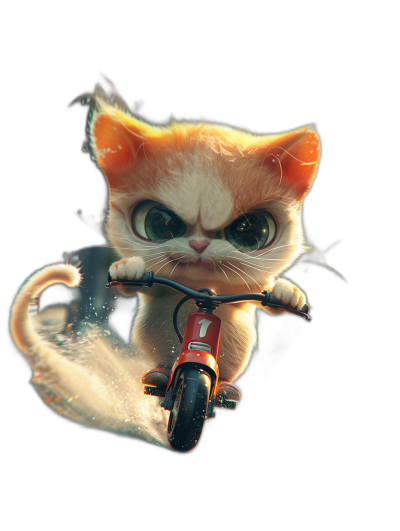 The cutest cat with big eyes, riding on a red motorcycle in the style of Disney Pixar studio, on a black background, 3d rendered digital art, adorable and cute, with a glowing effect around the kitten and bike.