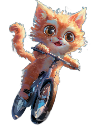 Cute orange cat riding bicycle, cartoon character design in the style of [Artgerm](https://goo.gl/search?artist%20Artgerm), simple black background, concept art, Pixar style, 2D render, high resolution, big eyes, highly detailed