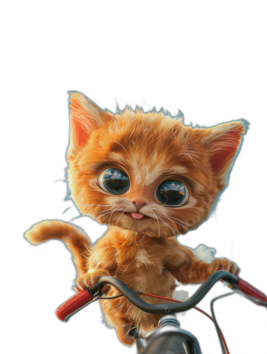 Cute Pixar style orange kitten riding on a bike with big eyes and a furry body on a black background. The 3D rendering uses digital art technology at a 2K resolution. High definition details, bright colors, natural lighting, and a full of vitality and cute expressions. The kitten is depicted in the style of .