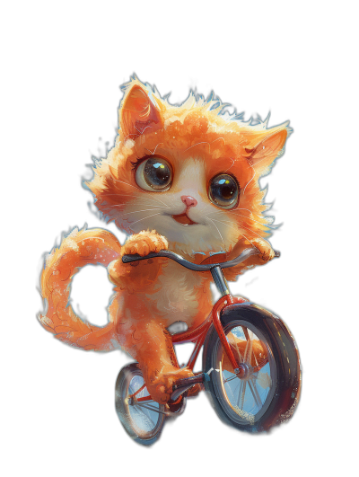 Cute orange cat riding a bicycle, with big eyes, on a black background, in the character design style of [Artgerm](https://goo.gl/search?artist%20Artgerm) and [Atey Ghailan](https://goo.gl/search?artist%20Atey%20Ghailan), in a fantasy art style, cute, digital painting, trending on pixiv fanbox, with palette knife and brush strokes techniques, with sharp focus, under studio lighting, at a high resolution, rendered in octane, isolated on a white background.