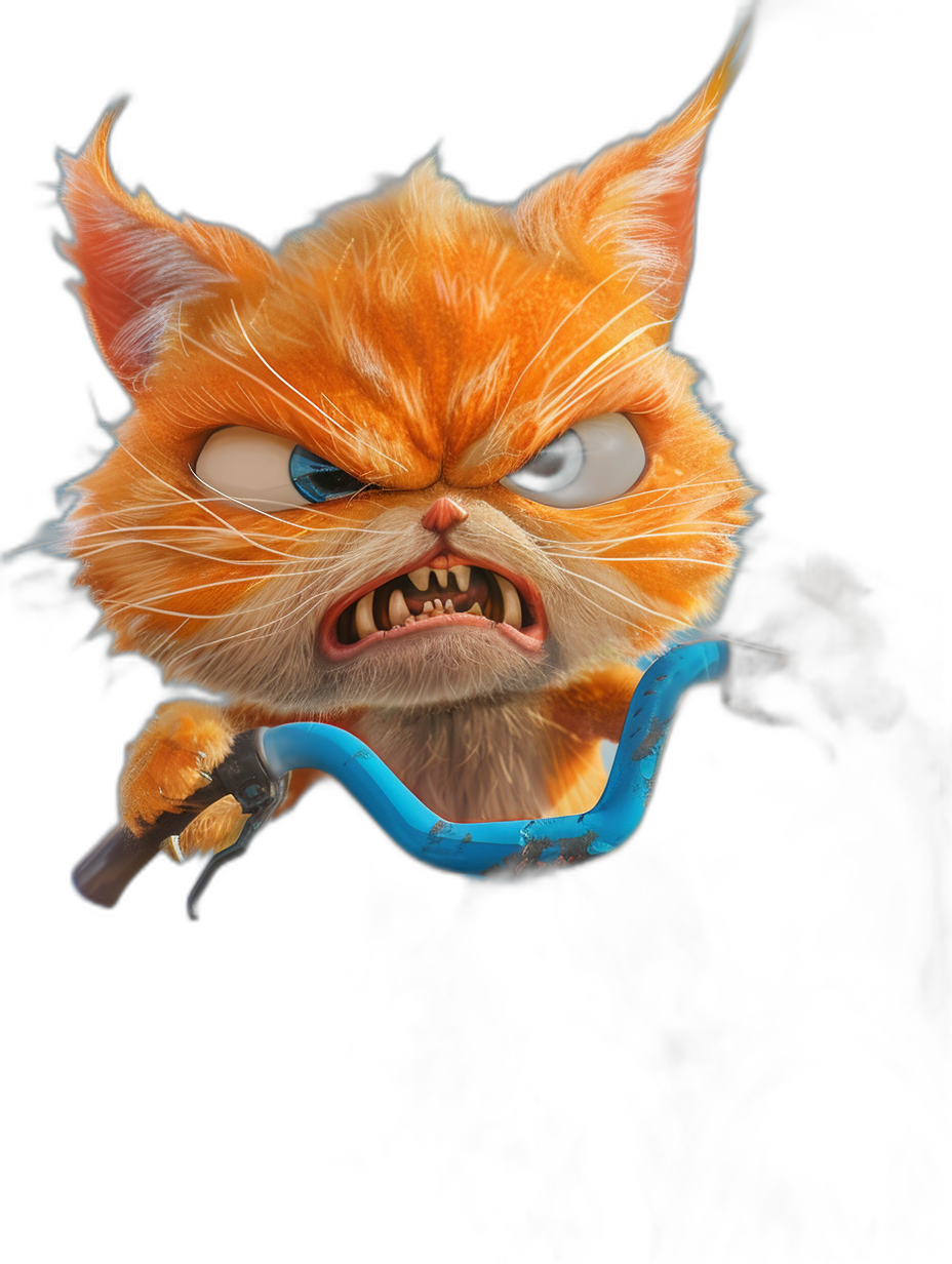 angry orange cat with blue collar, in the cartoon style, rendered in blender, on a black background, in a front view, as a game art design, in the style of Pixar character concept art, with an angry facial expression, cute, with detailed fur texture, in a flying fast pose, holding a katana sword, 3d cartoon rendering