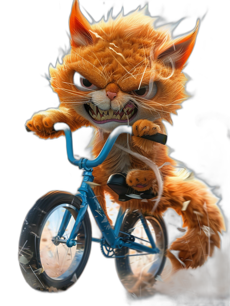 evil grinning orange cat riding a blue bicycle, in the style of Disney Pixar character design, cute and fluffy with big expressive eyes, black background, very detailed, high resolution