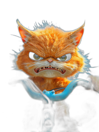 A cute orange cat with an angry expression, riding on the front of bicycle. The background is black and blue. Pixar style. A cinematic light illuminates its face. The feline has long hair that flows in all directions. In detail, the fur appears soft and fluffy. High resolution, hyper-realistic, high definition, photography.