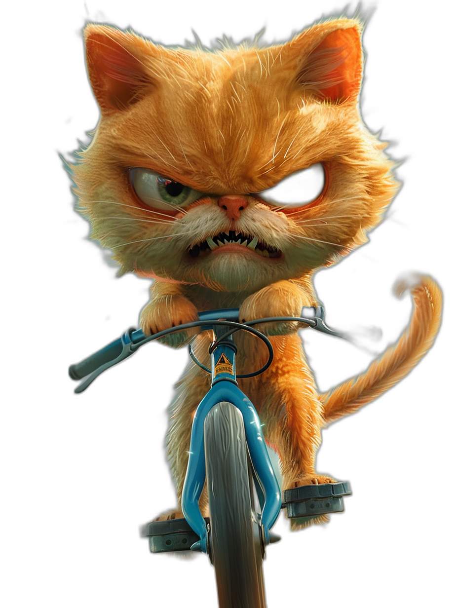 A cute Pixar style orange kitten character with an angry expression, riding on the front of a bicycle in blue colour, black background, rendered in the style of octane render.